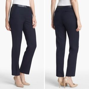 Tory Burch Christy Wool‎ Navy Pant Real Leather Trim Size 8